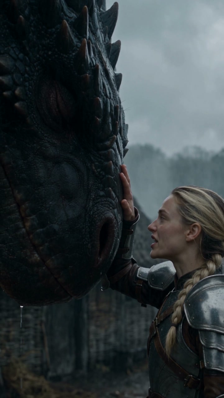 Still from the finished AI short film: the rider presses her hand to the black dragon’s snout in the rain
