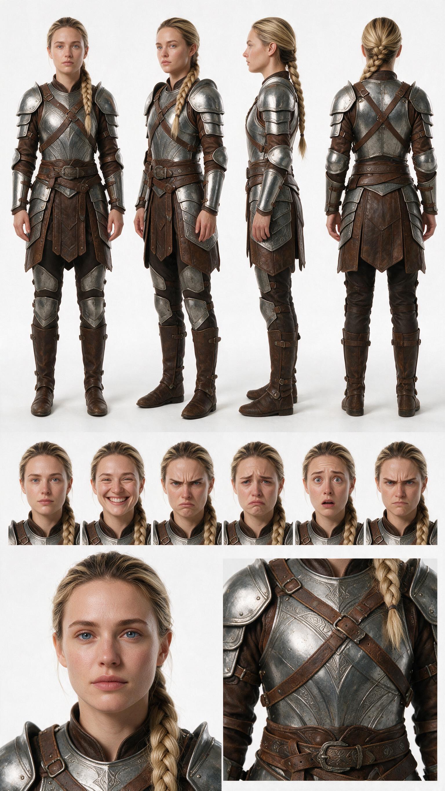 AI character sheet of a female dragon rider in medieval armour, every angle and expression on one page