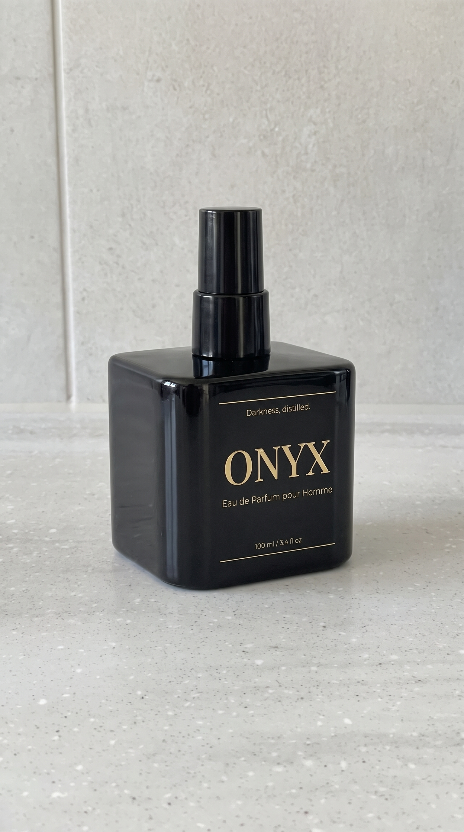 Phone photo of the ONYX bottle at an angle