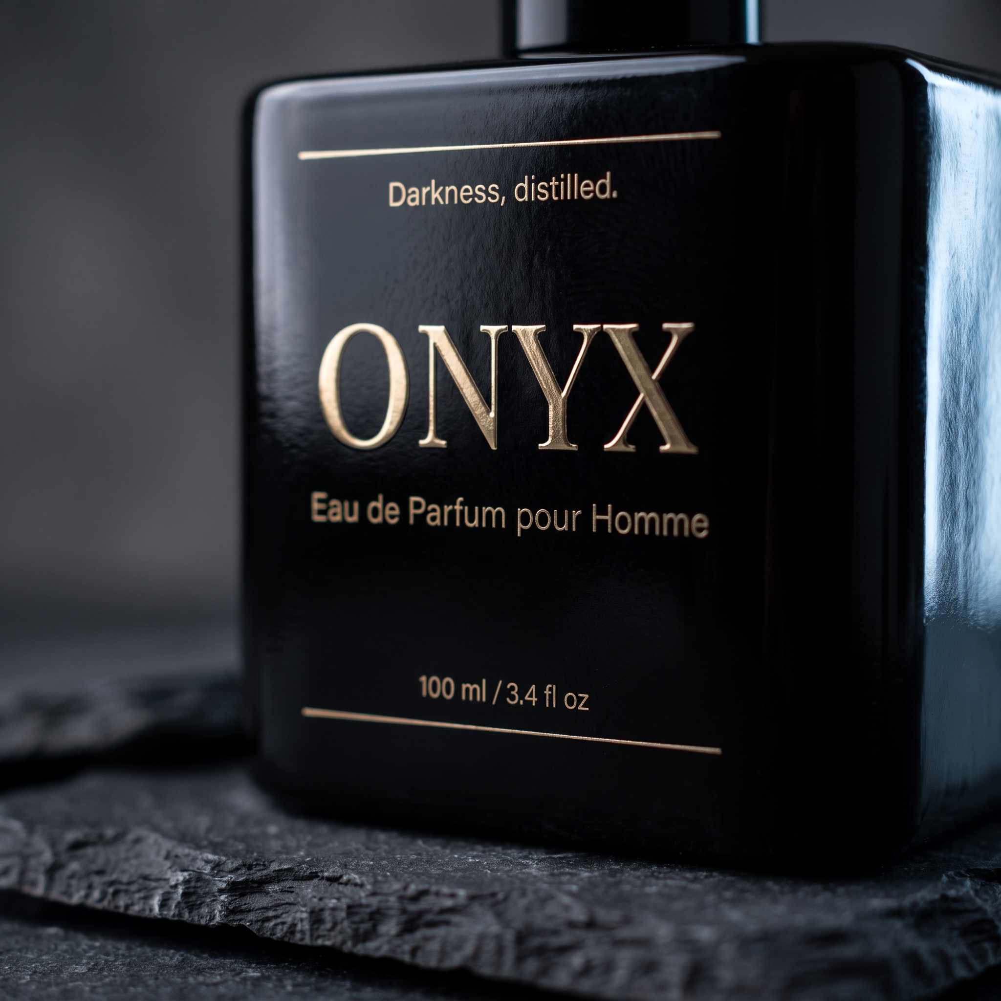 Macro crop of the ONYX bottle on charcoal