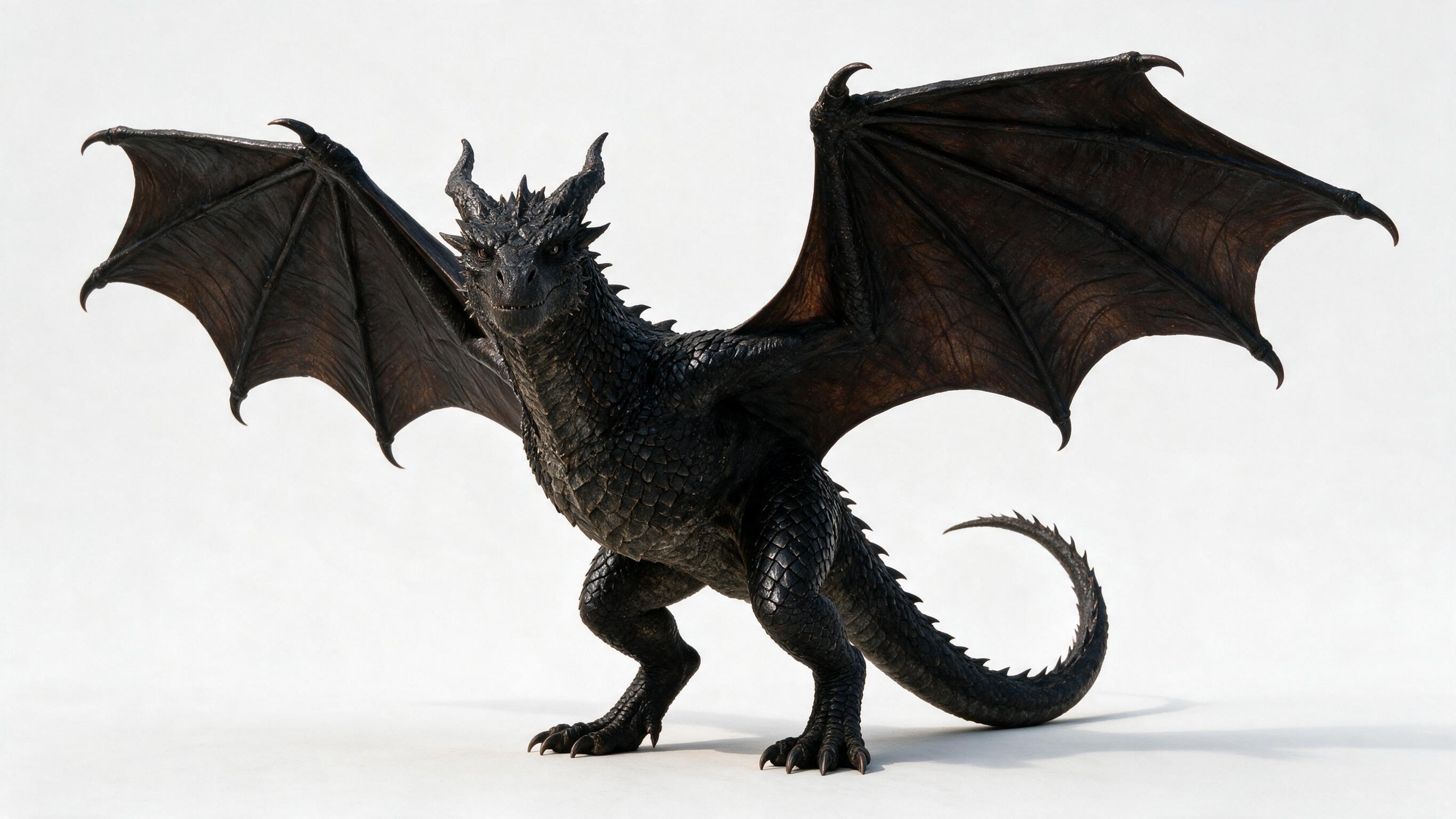 AI character sheet of a large black dragon, generated from a written description