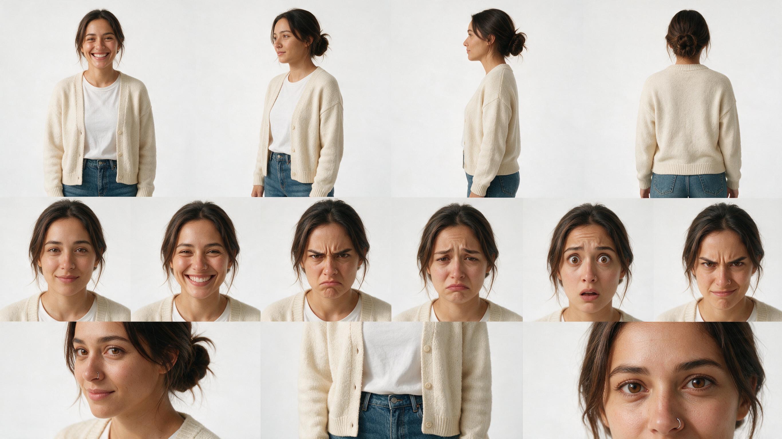 AI character sheet showing the same AI influencer from four angles with six expressions