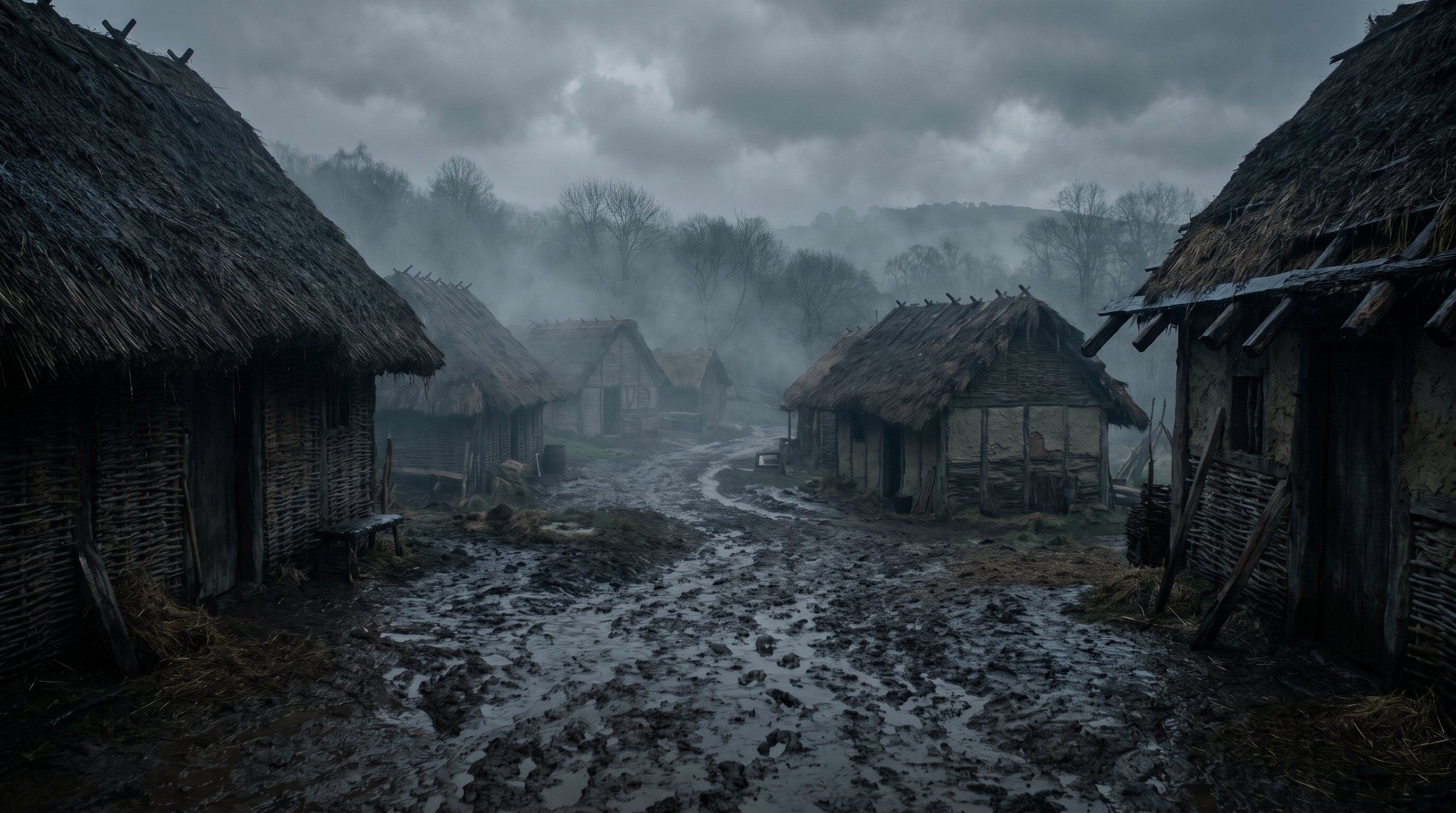 AI-generated muddy medieval village in the rain, used as the opening location