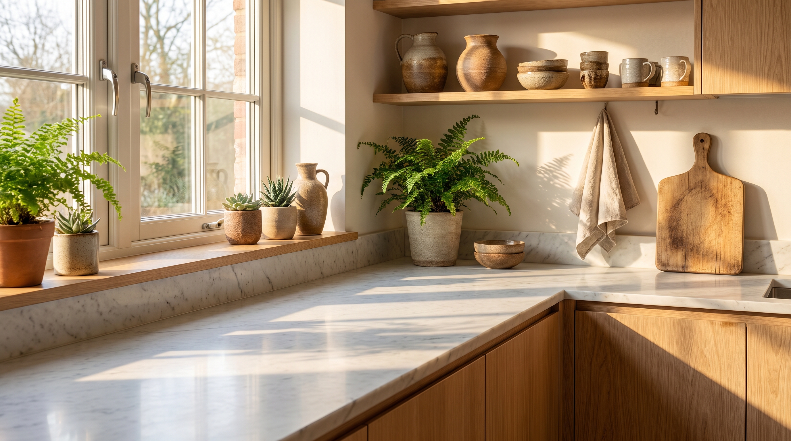 A sunlit kitchen with a marble worktop, open shelving and houseplants